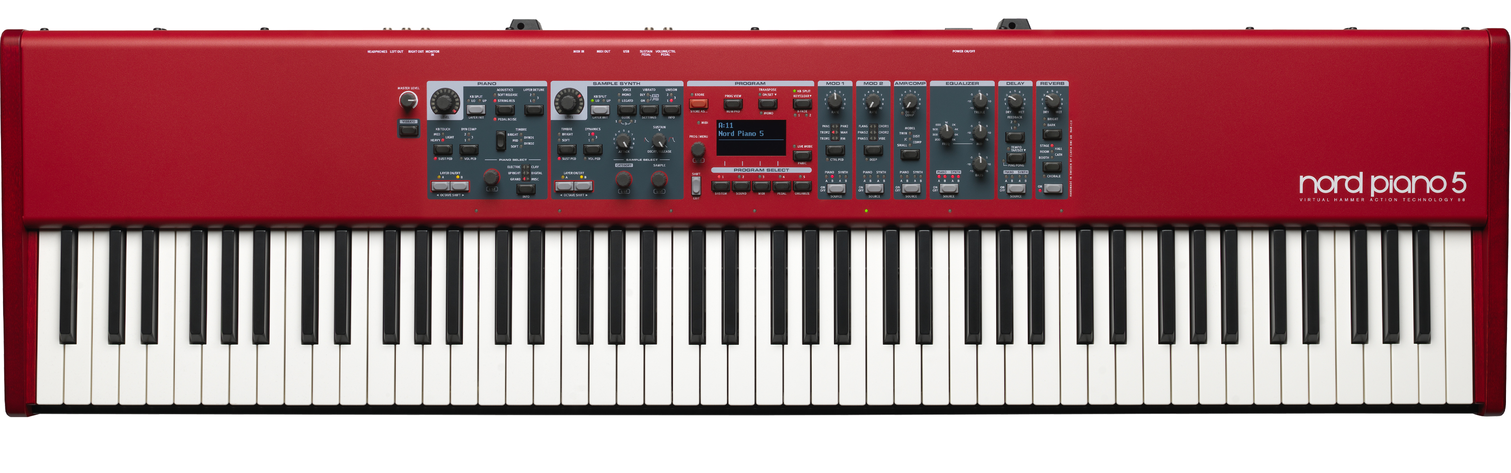 Large red piano keyboard with lots of knobs and buttons.